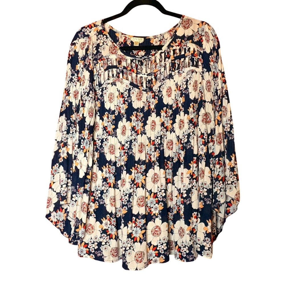 Spense Navy Blue Floral Pleated Boho Blouse